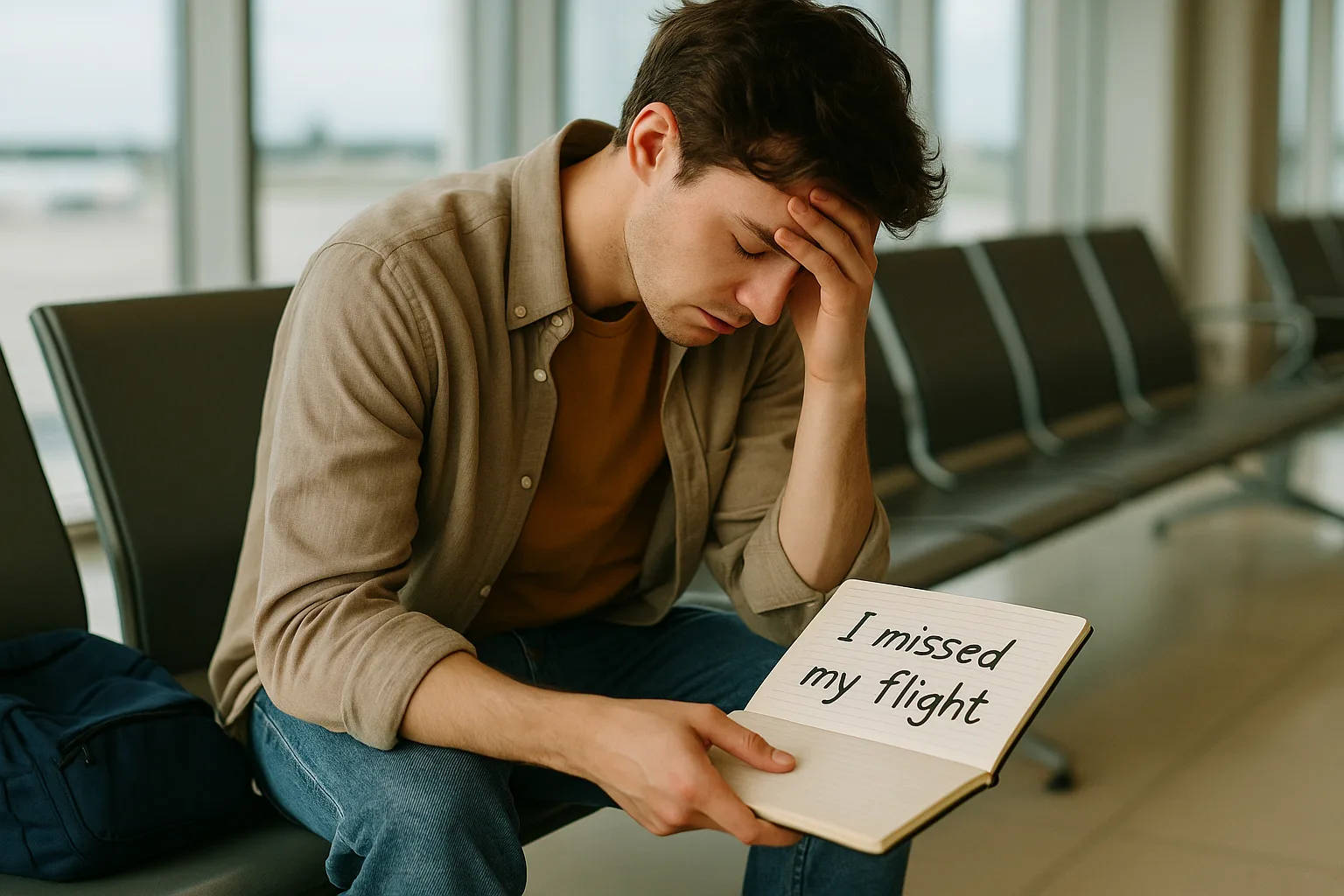 парень в аэропорту с тетрадью и фразой i missed my flight