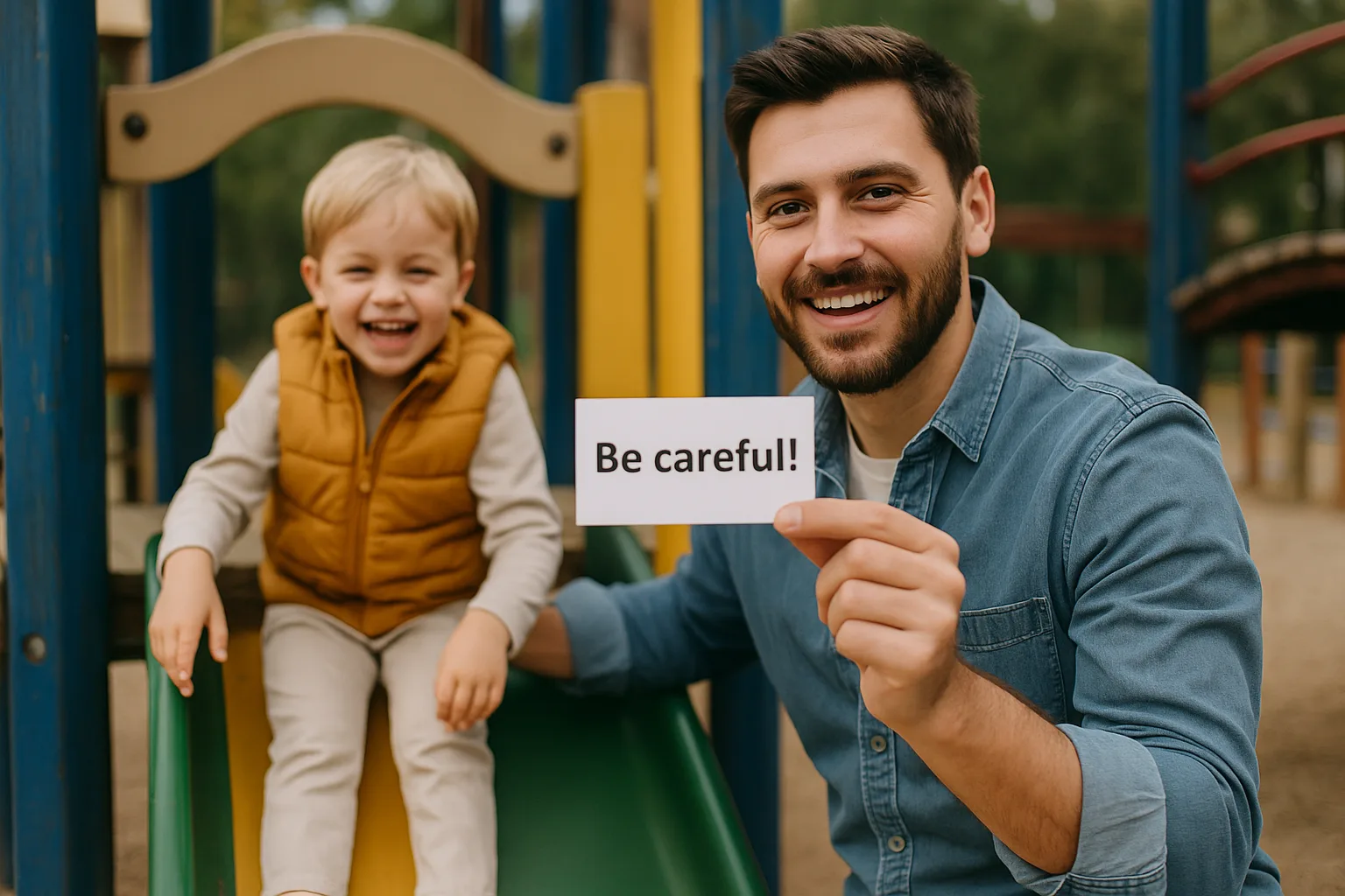 отец на площадке с ребёнком и карточкой be careful