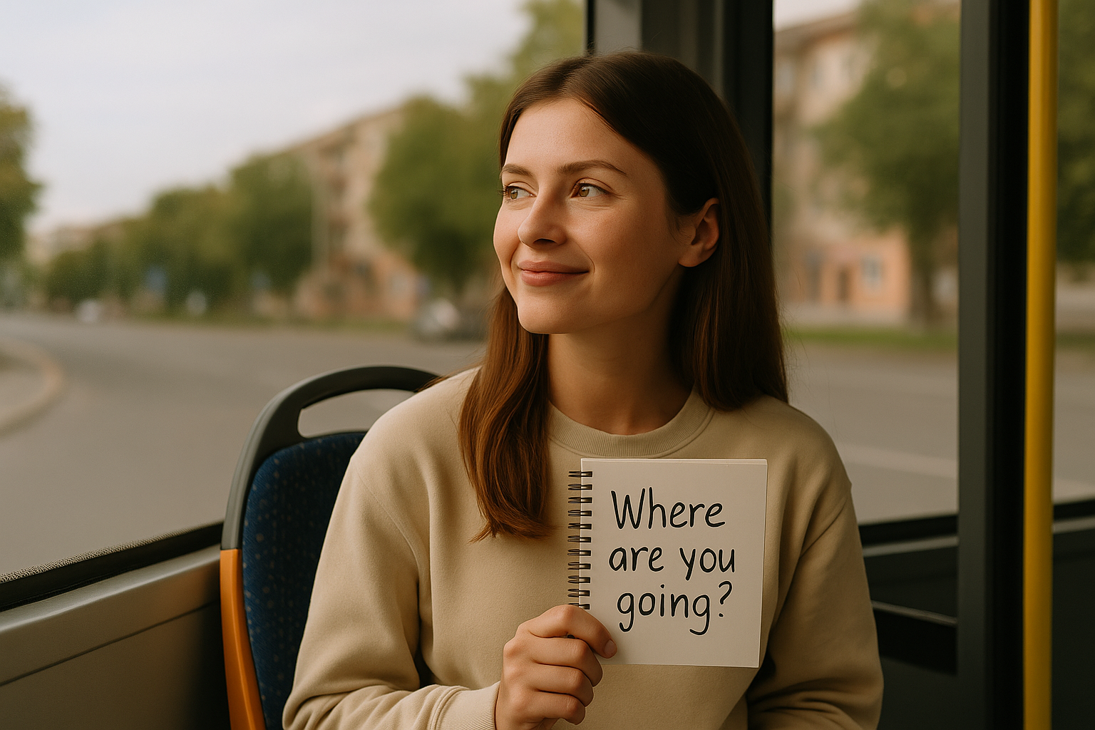 девушка в автобусе с блокнотом с фразой where are you going