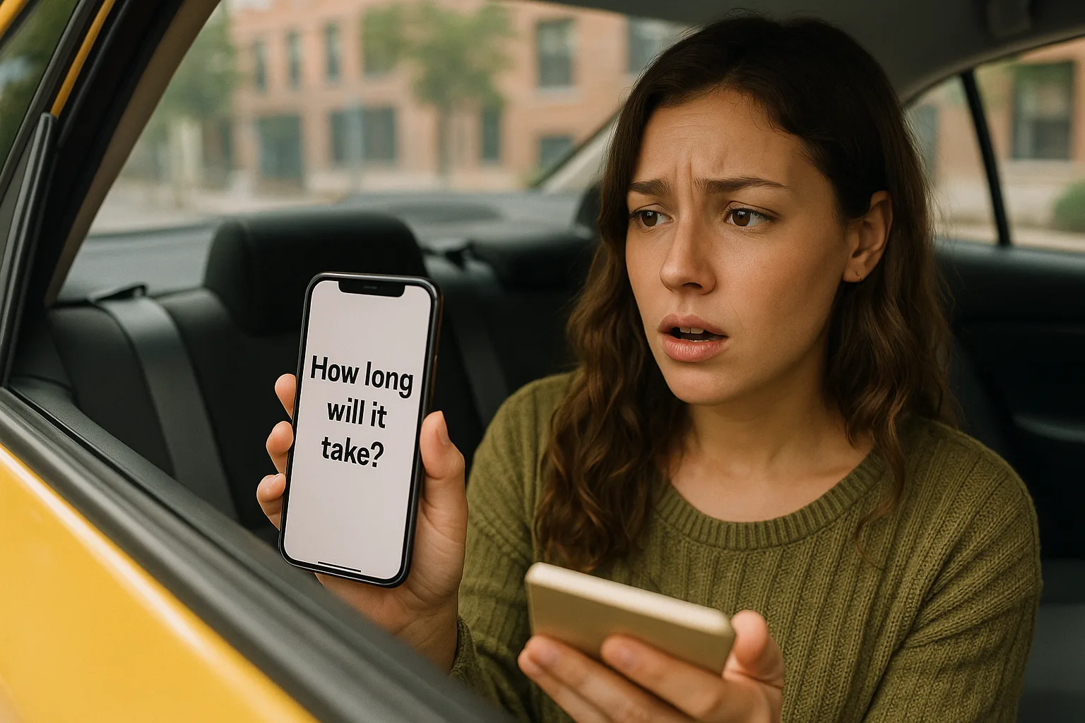 девушка в такси смотрит в телефон с вопросом how long will it take