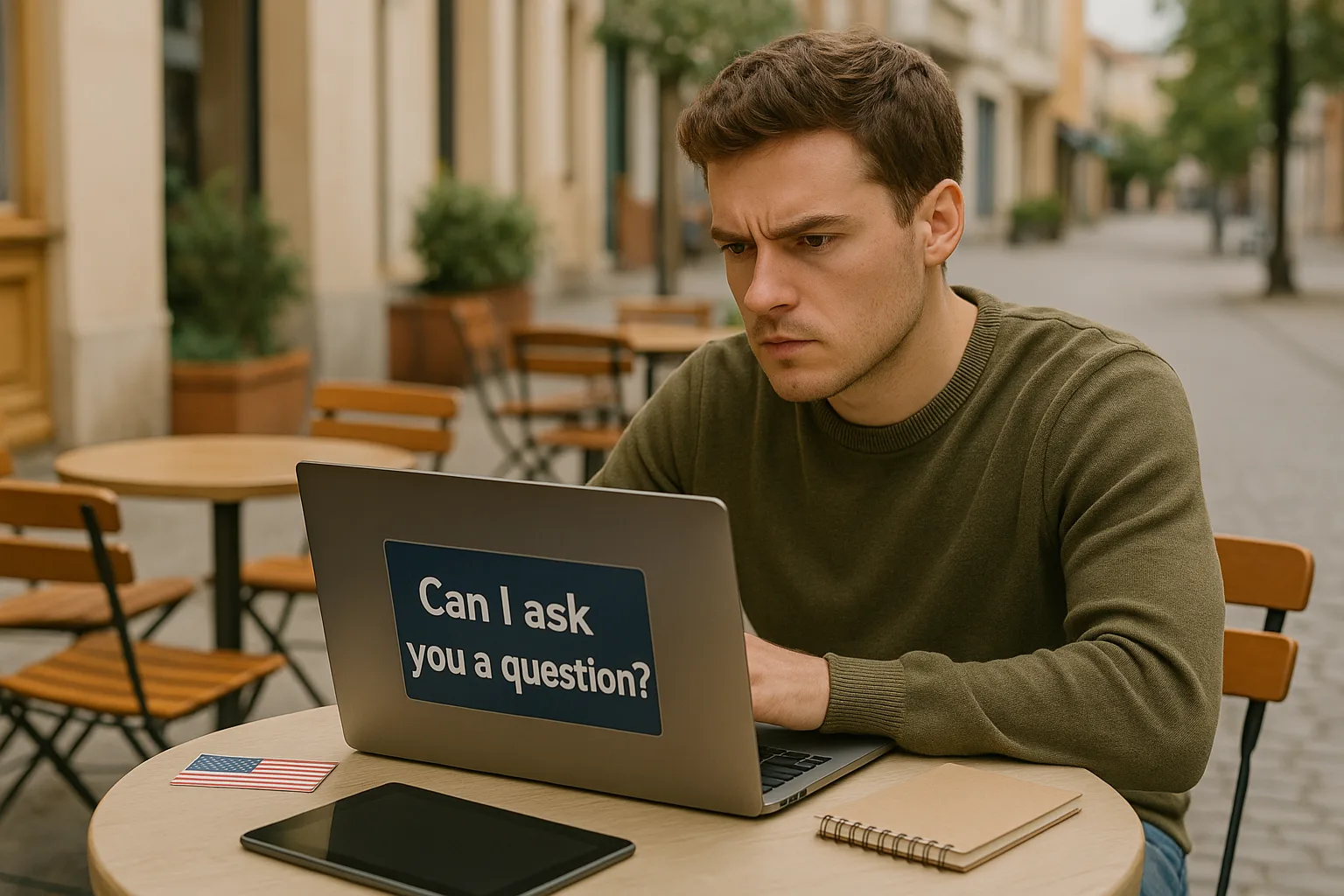 парень в кафе с ноутбуком и фразой can I ask you a question
