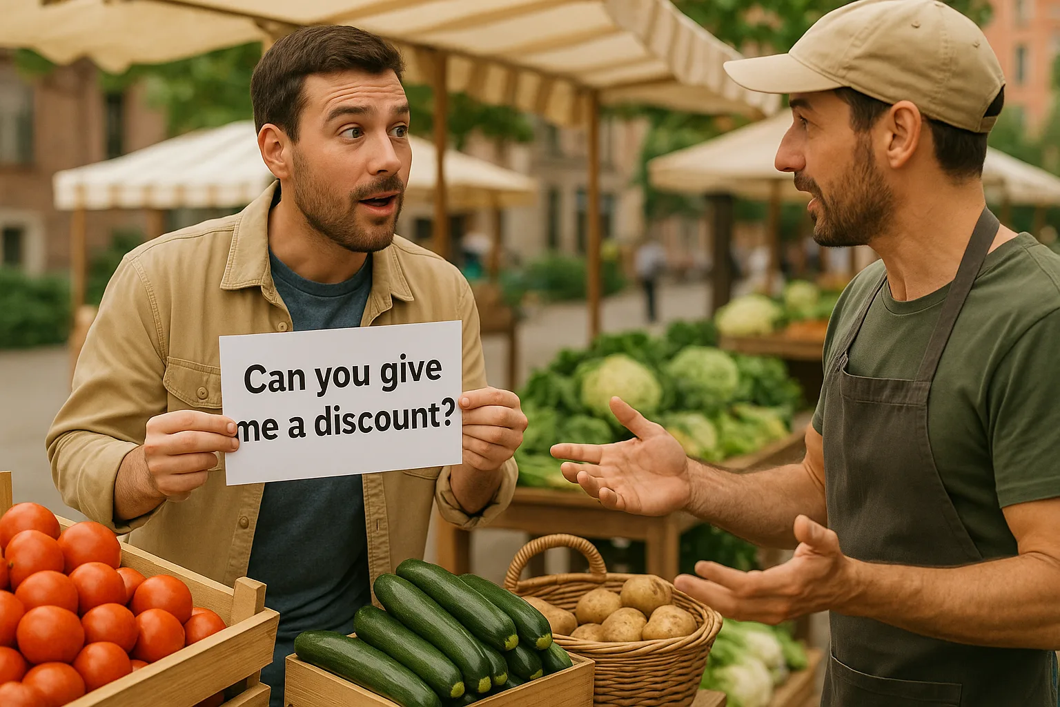 мужчина на рынке с фразой can you give me a discount