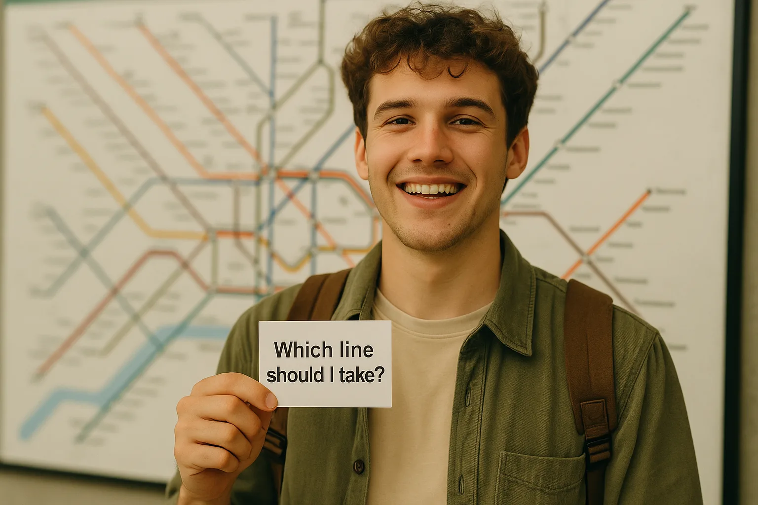 студент у карты метро с карточкой which line should I take