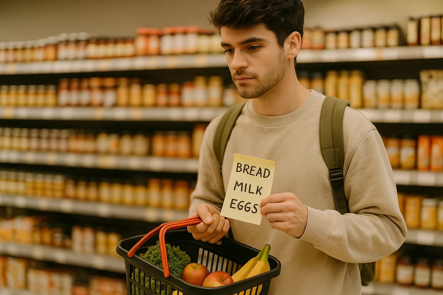 студент в супермаркете с наклейками с названиями продуктов на английском