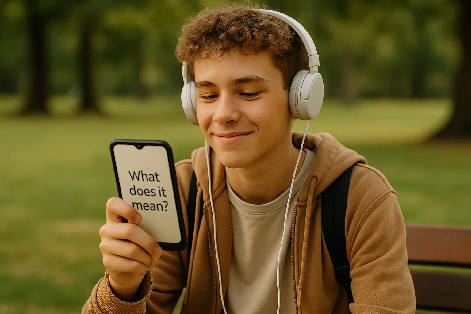 подросток в парке слушает музыку и изучает фразу what does it mean