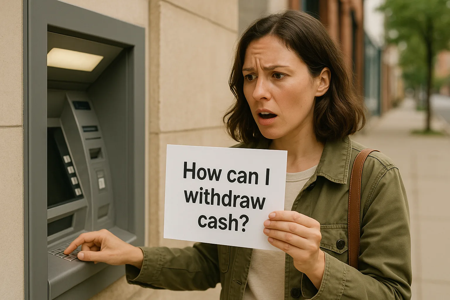 женщина у банкомата с фразой how can I withdraw cash