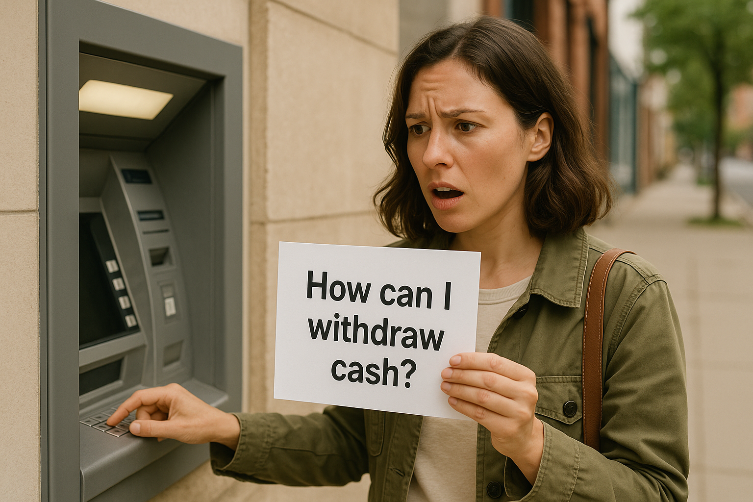 женщина у банкомата с фразой how can I withdraw cash