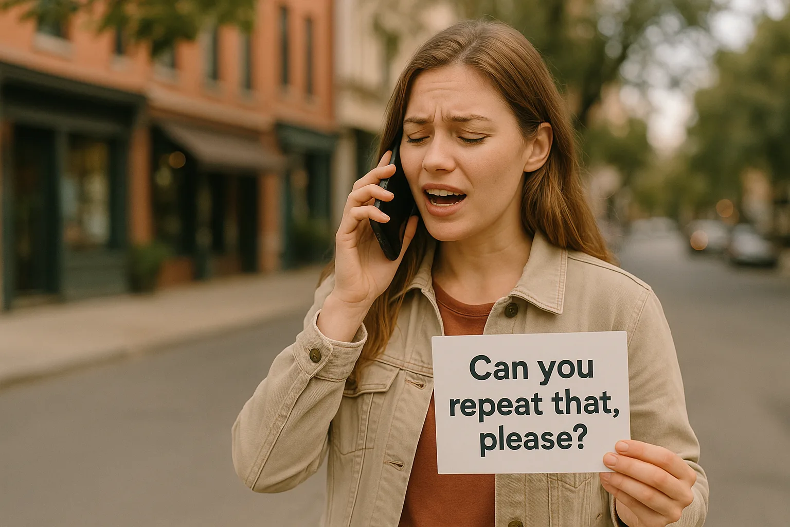 девушка на улице с карточкой can you repeat that please